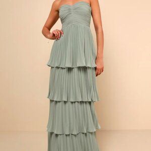 Lulus Seriously Sensational Sage Brush Strapless Tiered Maxi Dress Green